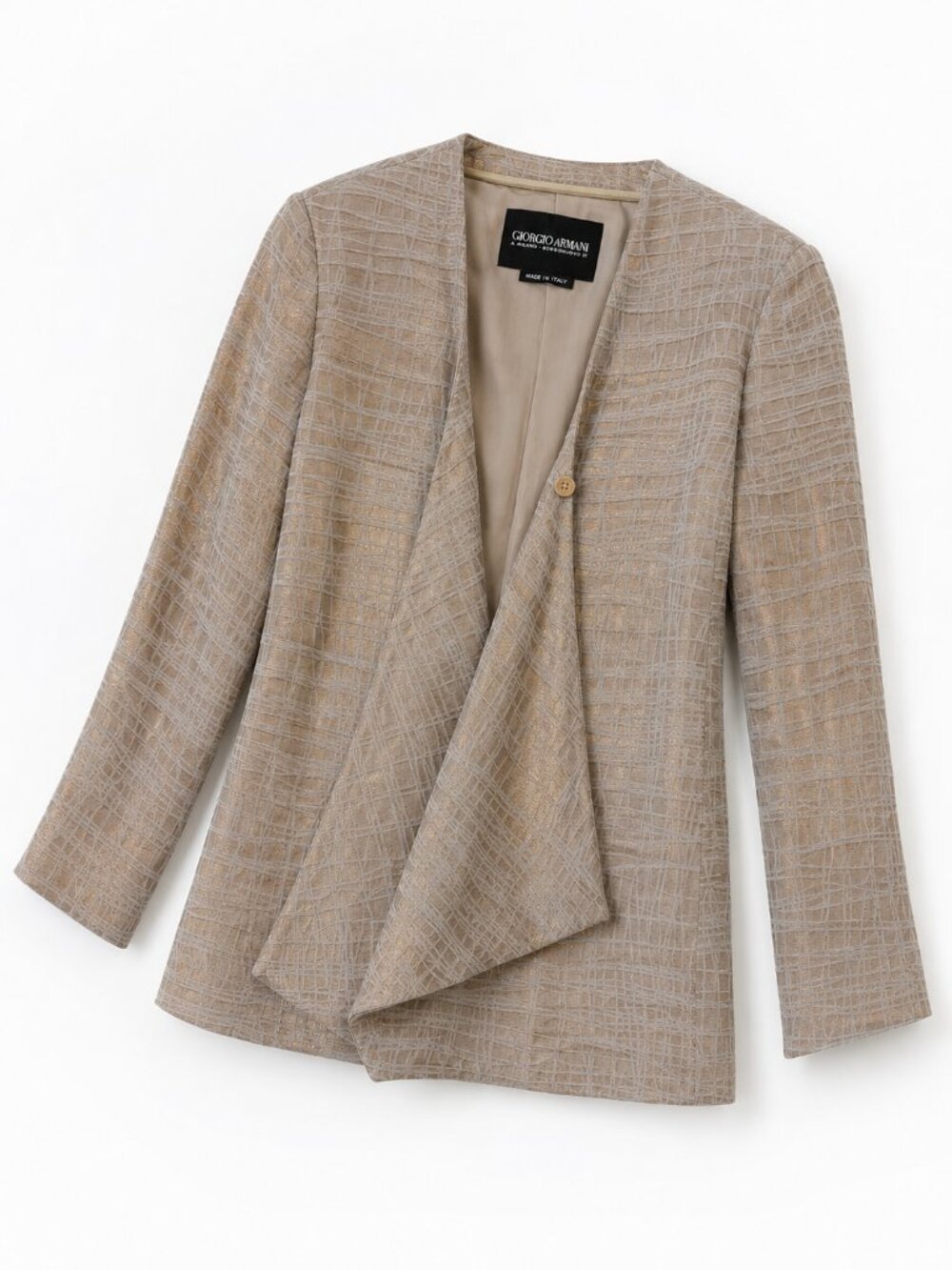 Vintage Giorgio Armani Metallic Beige Linen Silk Draped Jacket Made in Italy